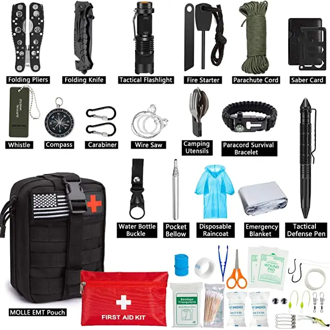 2023 New design Red Small First aid kit within 26 in 1 Survival kit for hiking easy to carry with hook