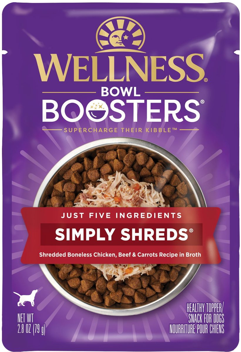 Wellness Bowl Boosters Simply Shreds Chicken， Beef and Carrots Natural Grain Free Wet Dog Food Mixer or Topper， 2.8-oz pouch， case of 12