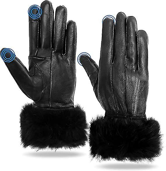 Womens Leather Gloves - Womens Touchscreen Gloves， Ladies Genuine Leather Gloves Black Mittens， Soft Warm Cashmere Lining Winter Gloves 1setblack