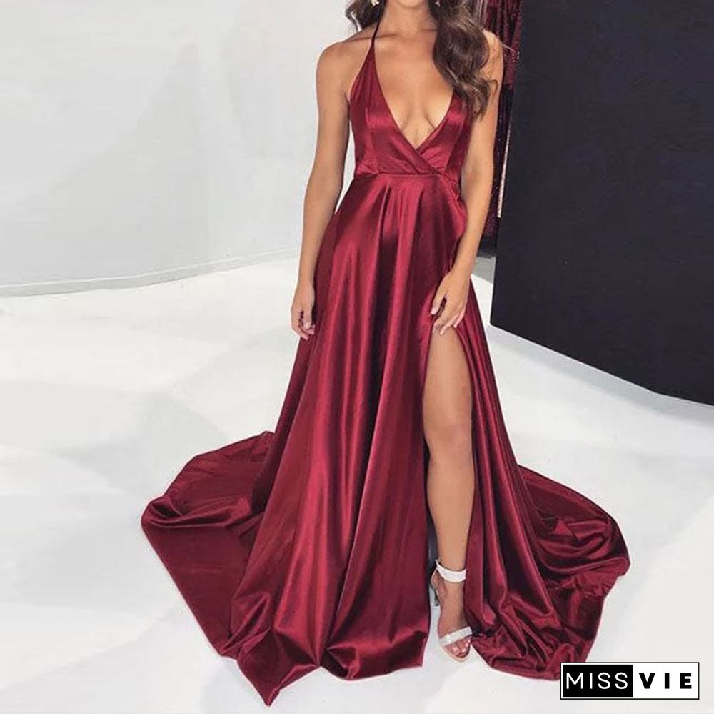 Spaghetti Strap Deep Plunge Thigh Split Maxi Prom Dress