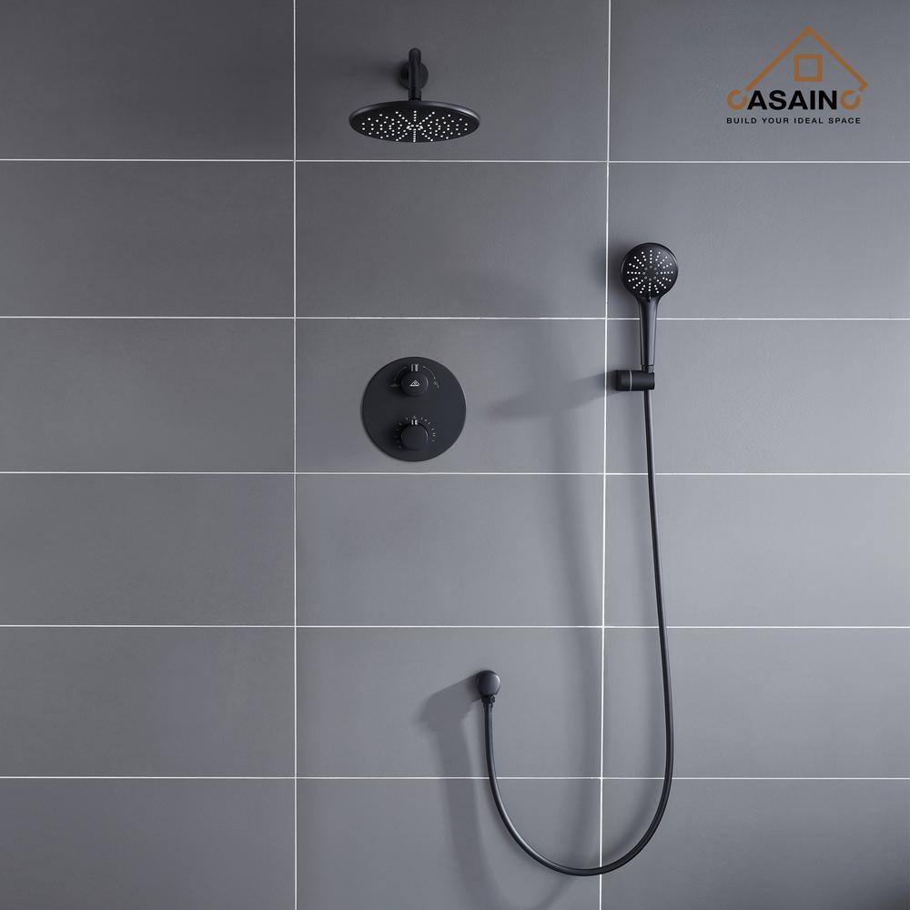 CASAINC 3-Spray Patterns 9 in. Wall Mount Dual Shower Heads Matte Black (Thermostatic Valve Included) HM-T206-RO-MB