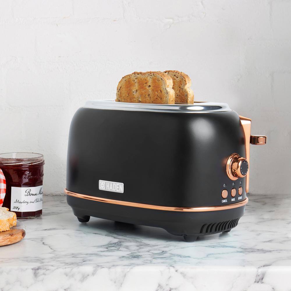 HADEN Heritage 900-Watt 2-Slice Wide Slot Black and Copper Retro Toaster with Removable Crumb Tray and Adjustable Settings 75059