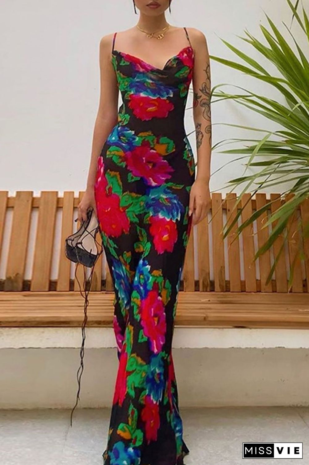 Sexy Print Split Joint Spaghetti Strap Pencil Skirt Dresses