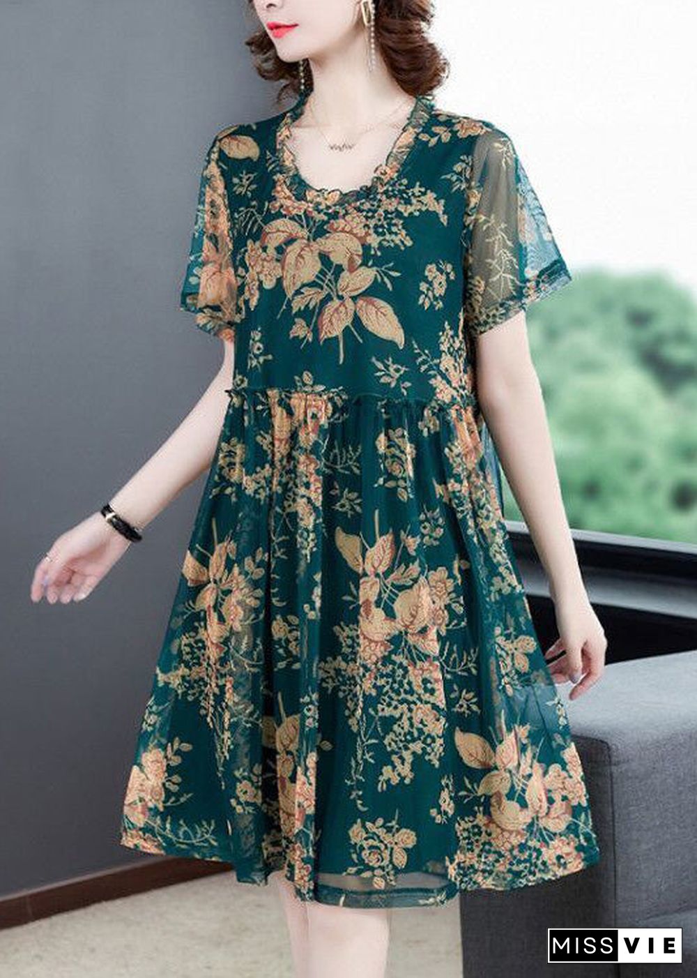 Italian Green O-Neck Print Holiday Long Dress Summer