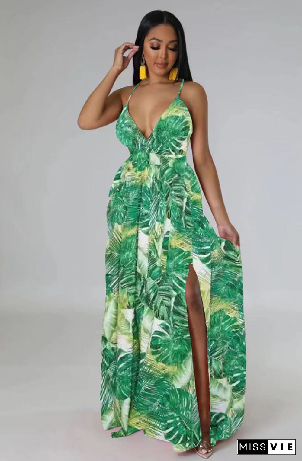 Sexy Floral Print Spaghetti Strap Backless Maxi Dress