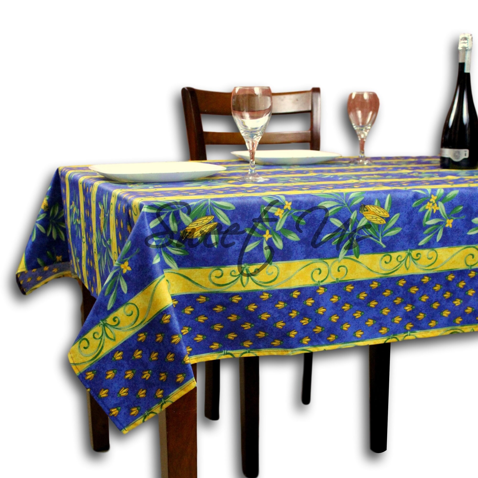 Wipeable French Spill Resistant Bees Print Acrylic Coated Tablecloth