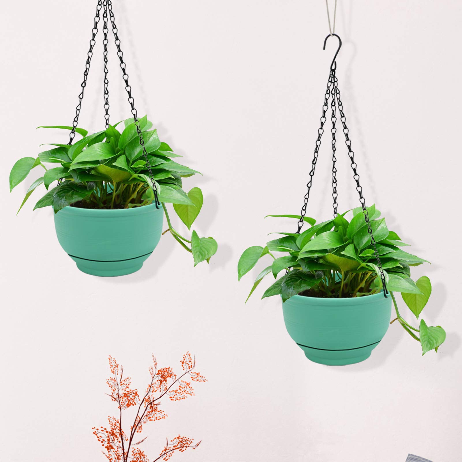 GROWNEER 2 Packs 8 Inches Plastic Hanging Planter Self Watering Basket with 6 Pcs Hooks, Hanging Flower Pot with Detachable Base for Garden Indoor Outdoor Home Decoration (Green)