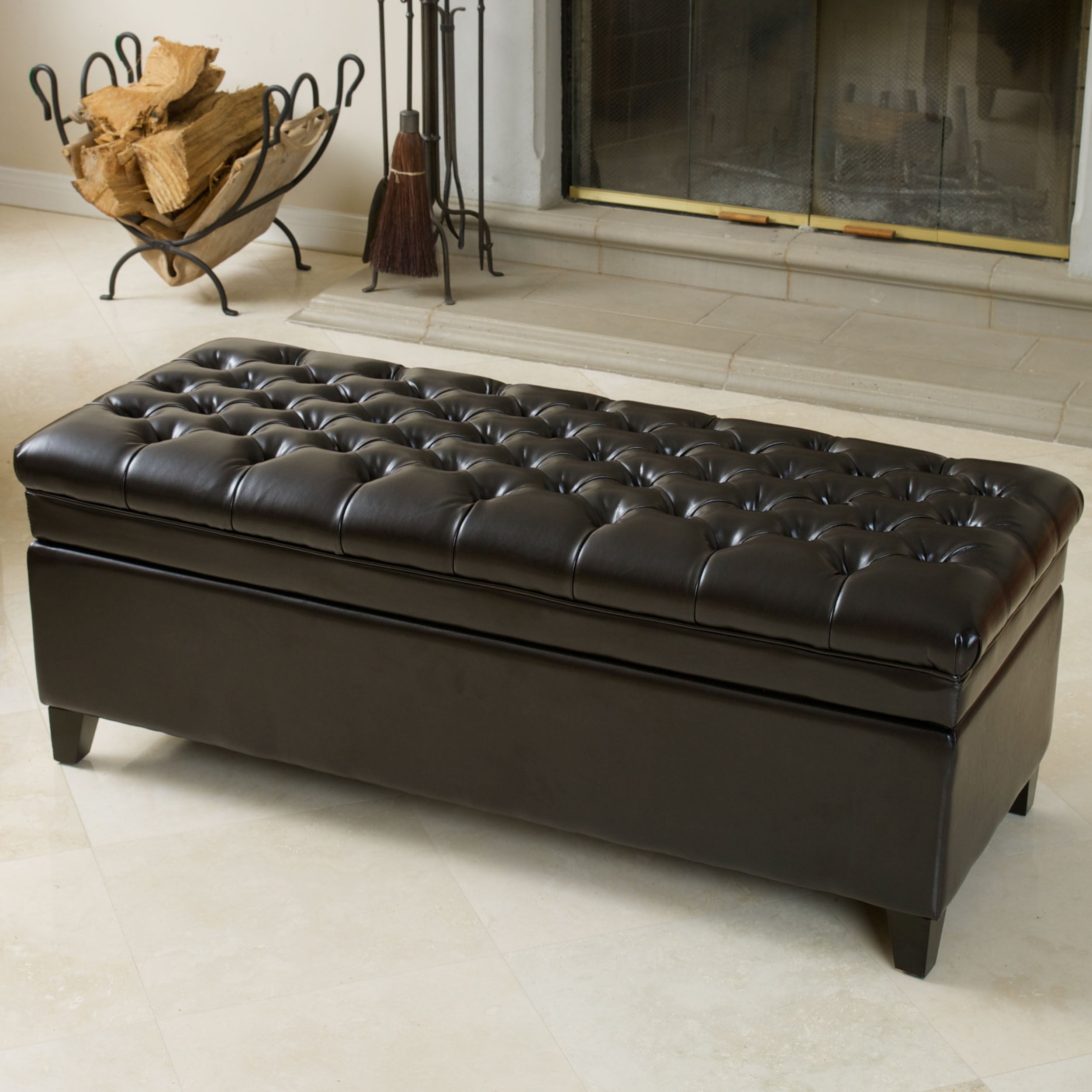 Barton Tufted Espresso Leather Storage Ottoman