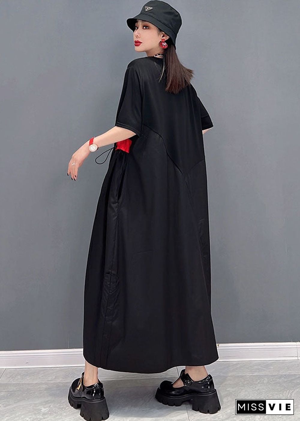 Stylish Streetwear Black Drawstring Asymmetrical Patchwork Cotton Pleated Dresses Short Sleeve