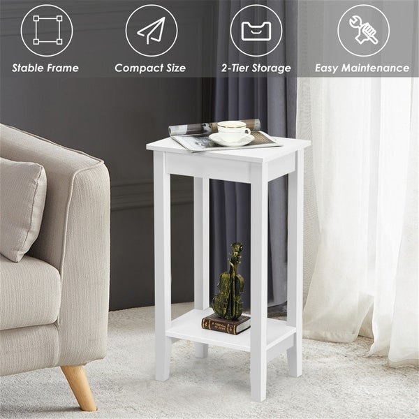 2 Tier Nightstand End Side Wooden Legs Table for Bedroom