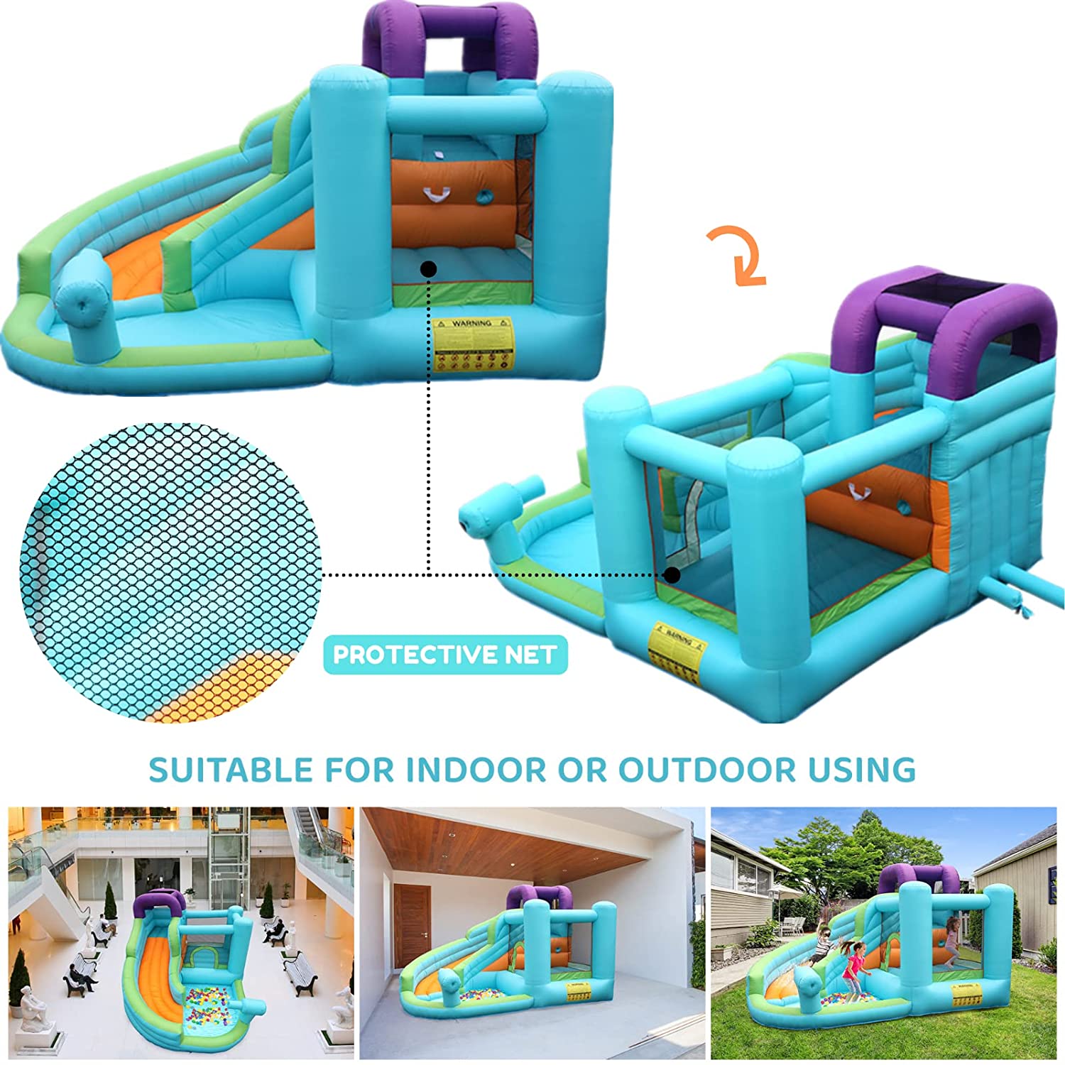 Inflatable Water Slide Bounce House, 6 in 1 Kids Jumping Castle Water Park w/Splash Pool, Waterslides, Climbing, Water Cannon, Blow up Water Slides for Kids Backyard