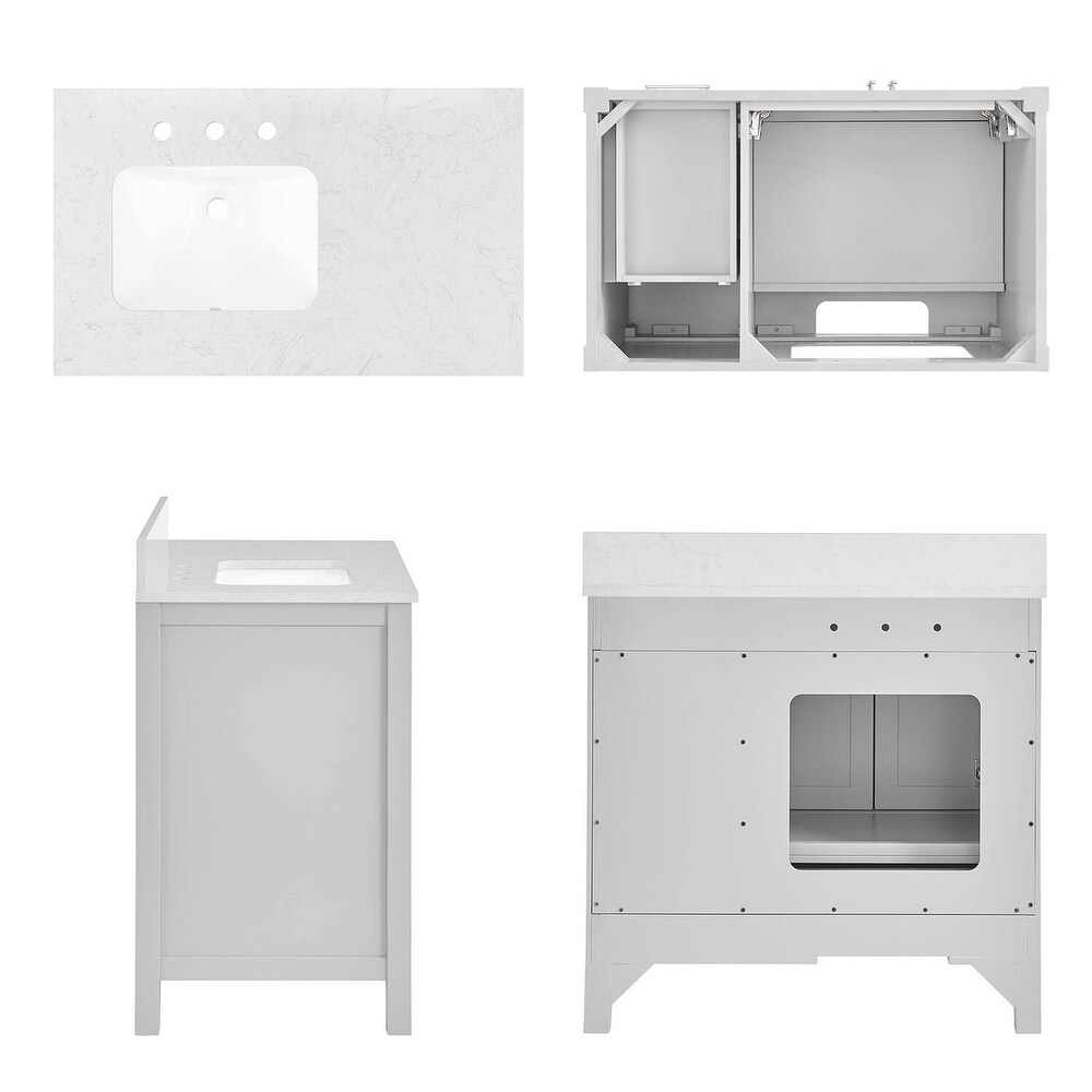 Vines 36 in. Grey Bathroom Vanity with Carrara Marble Top