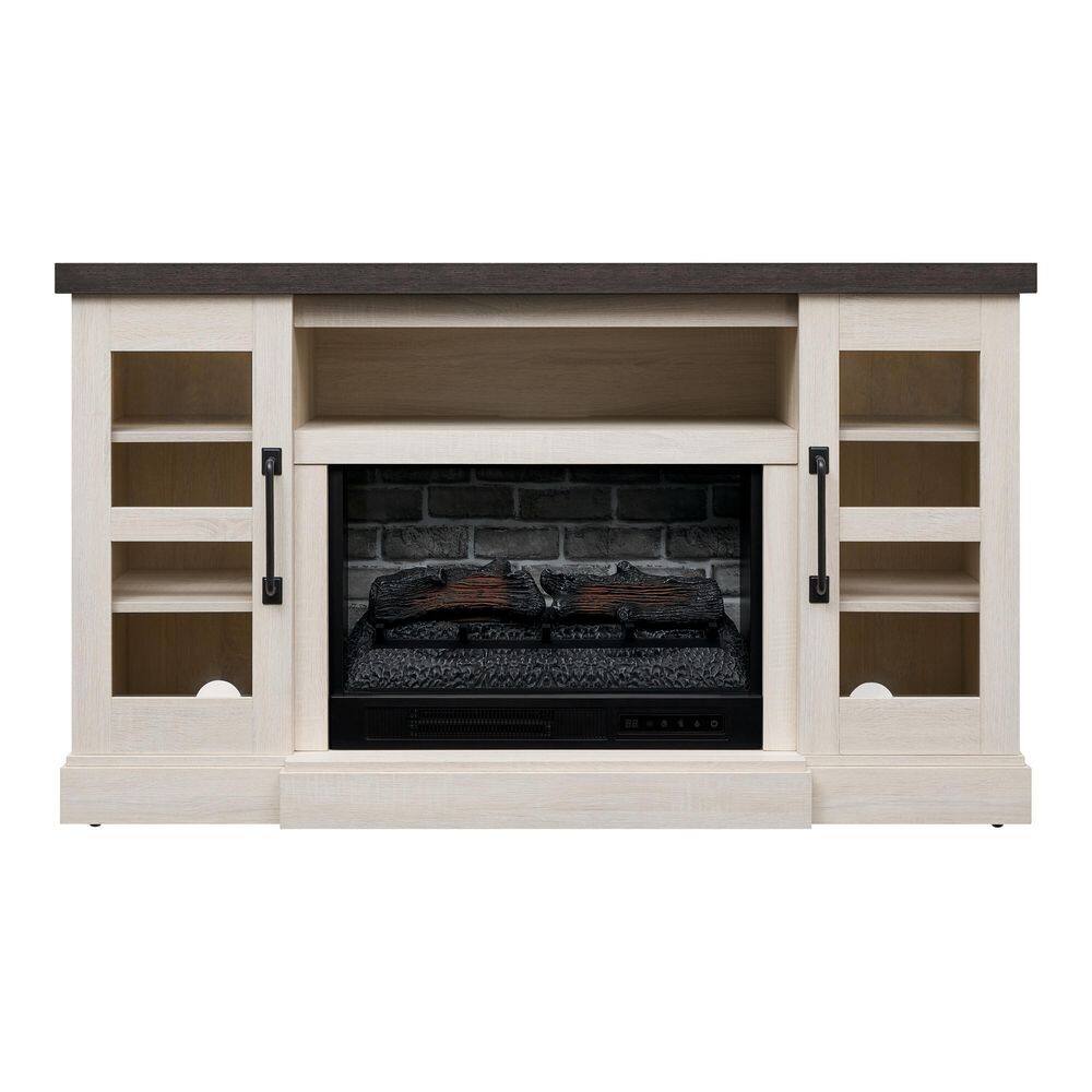 StyleWell Chelsea 58 in. Freestanding Electric Fireplace TV Stand in Light Taupe Ash Grain w Charcoal Top HDFP58-65E