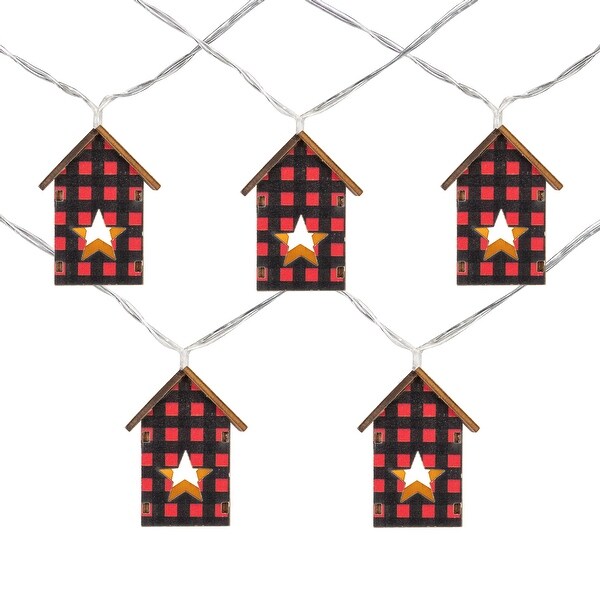 10 Count B/O LED white Plaid House Christmas Lights 4.75' Clear Wire