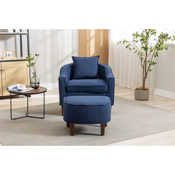 Modern Accent Chair with Ottoman， Mid Century Barrel Chair Lounge Chairs Upholstered Round Armchairs for Living Room， Navy