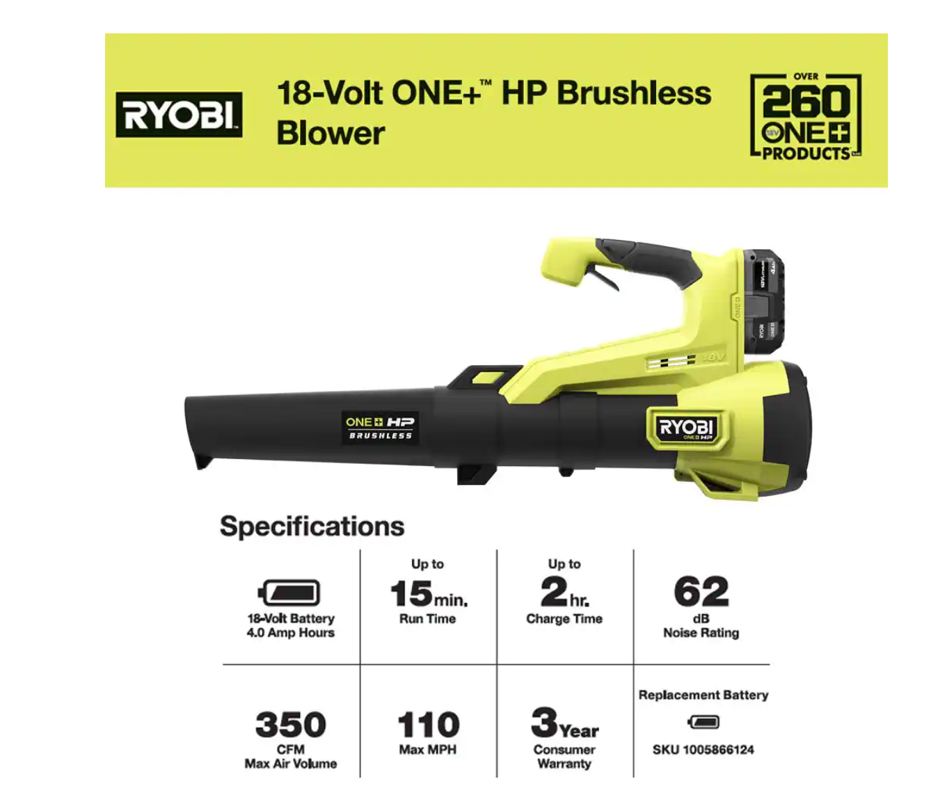 RYOBI P21120VNM ONE+ HP 18V Brushless 110 MPH 350 CFM Cordless Variable-Speed Jet Fan Leaf Blower w/ 4.0 Ah Battery and Charger