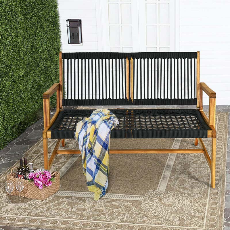 2-Person Acacia Wood Rope Bench Loveseat Chair, Outdoor Patio Garden Park Bench in Teak Oil Finish