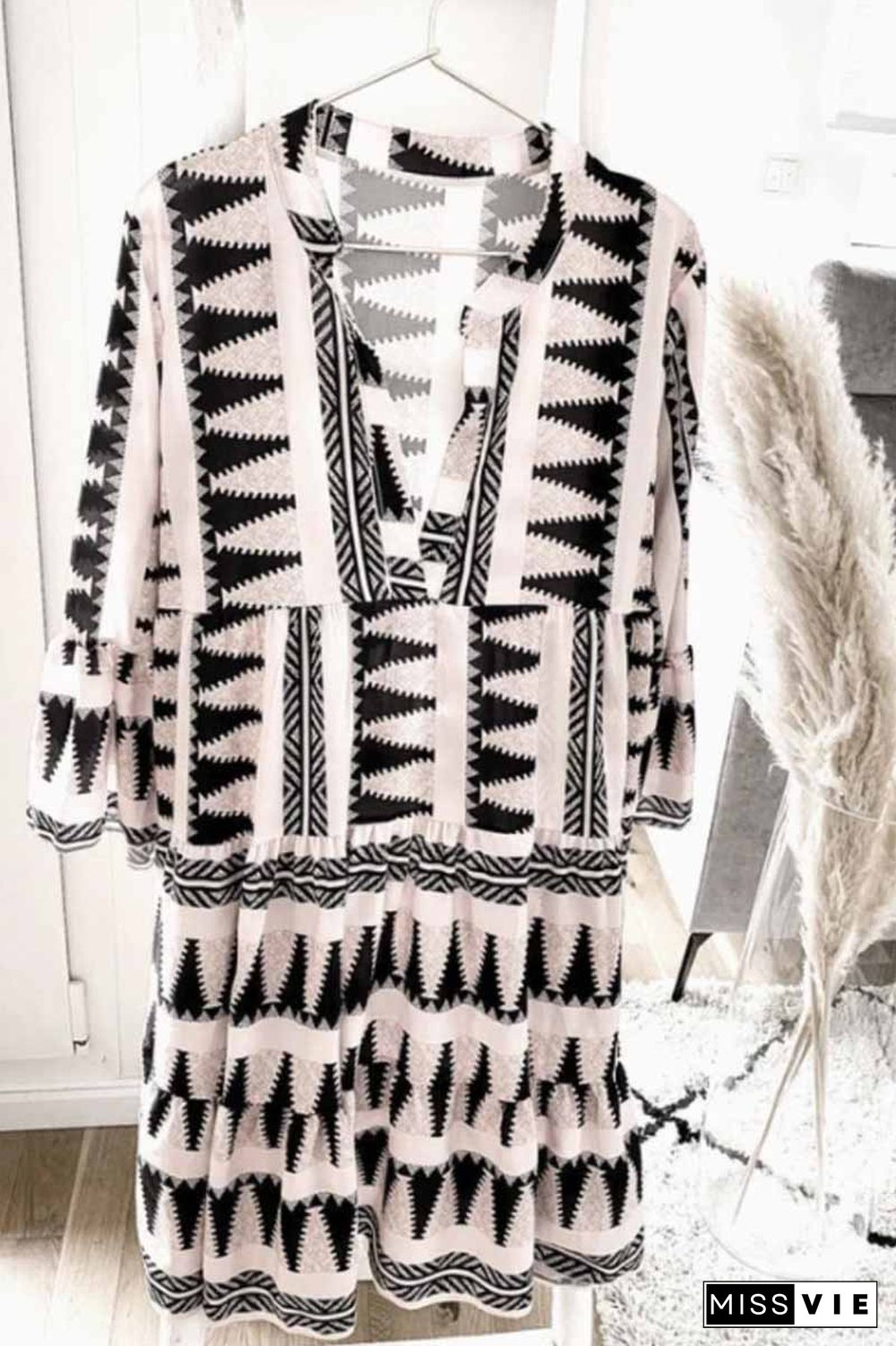 Geometric Print V-Neck Mini Dress