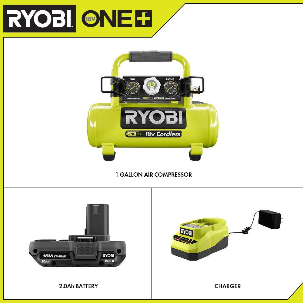 RYOBI ONE+ 18V Cordless 1 Gal. Portable Air Compressor and 2.0 Ah Compact Battery and Charger Starter Kit P739-PSK005