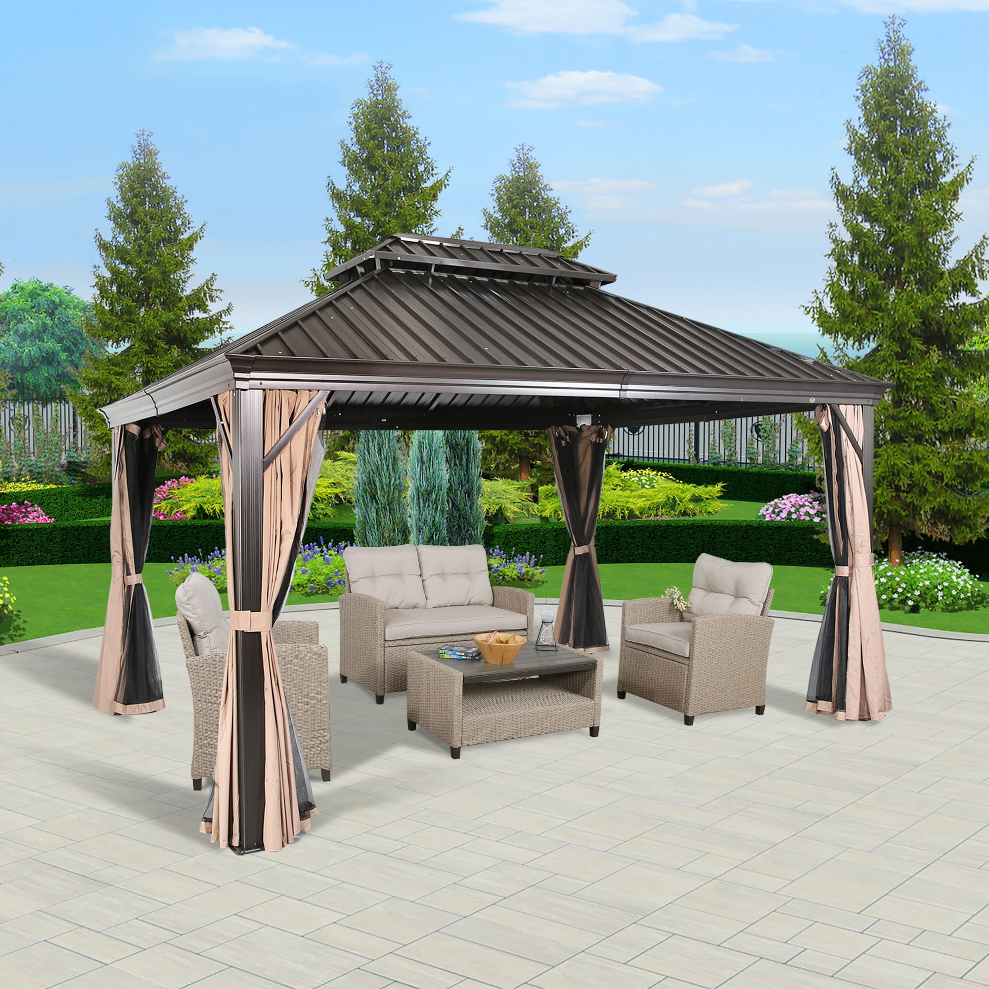 Ulax Furniture 10Ft x 12Ft Patio Hardtop Gazebo Outdoor Aluminum Pergola with Galvanized Steel Double Roof Canopy, Polyester Curtain and Mosquito Net, 10, Brown