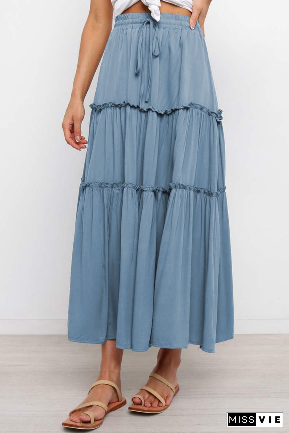 Blue Solid Layered Ruffled Drawstring High Waist Maxi Skirt