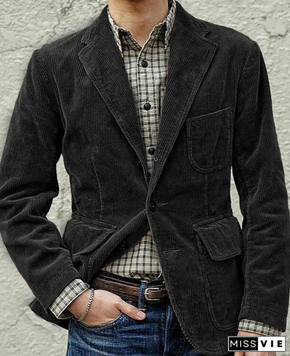 Notch Lapel Multi-pocket Two Buttons Solid Jacket