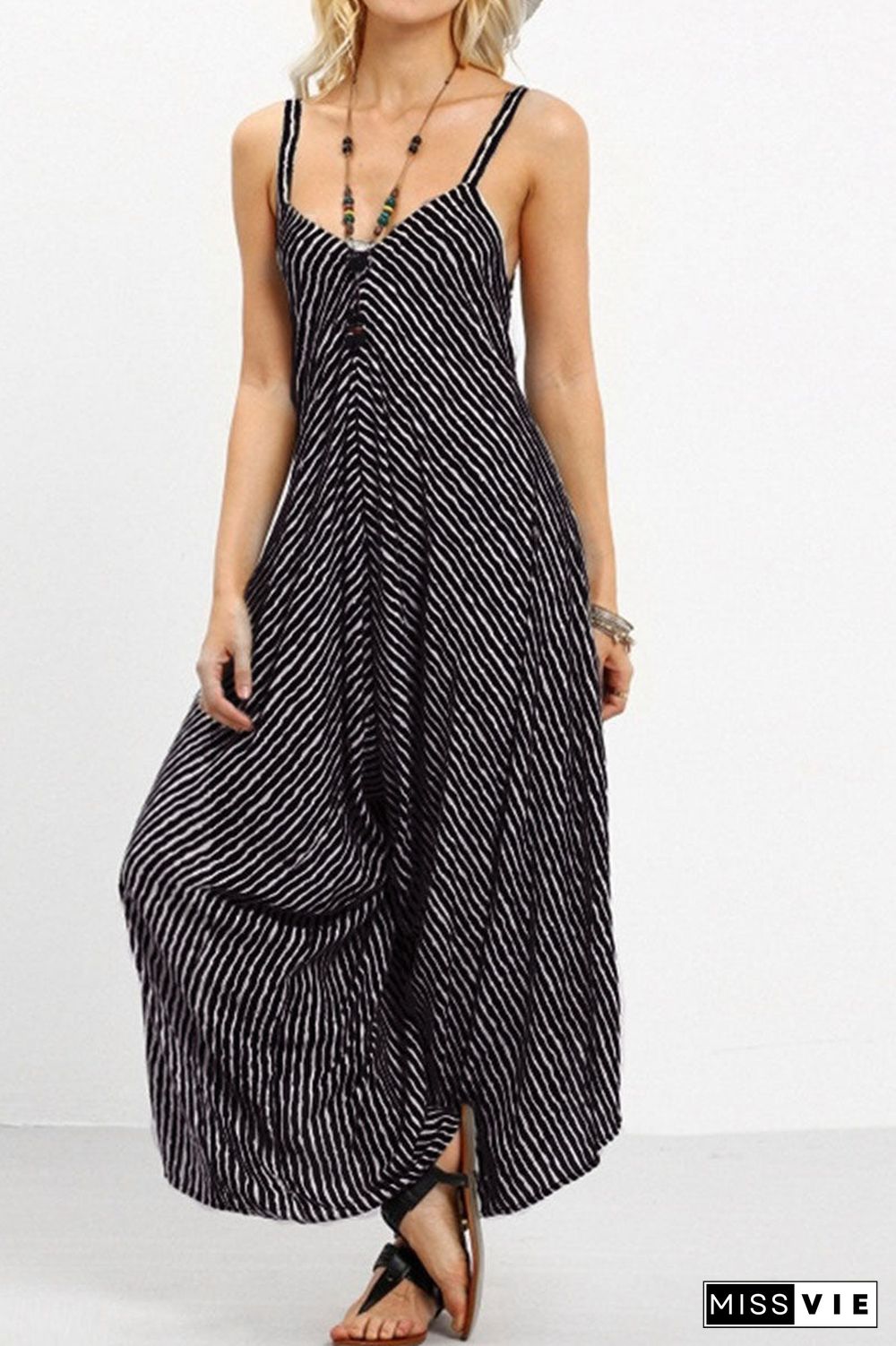 Fashion Casual Striped Split Joint Spaghetti Strap Loose Jumpsuits