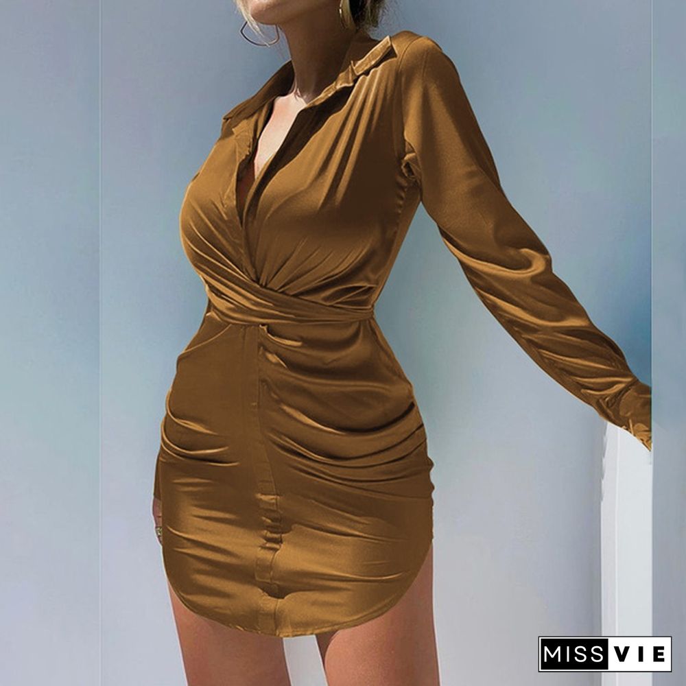 Plus Size Women Long Sleeve Mini Shirt Dress Silk Stain Solid Color Party Casual Elegant Badycon Dress Kleid