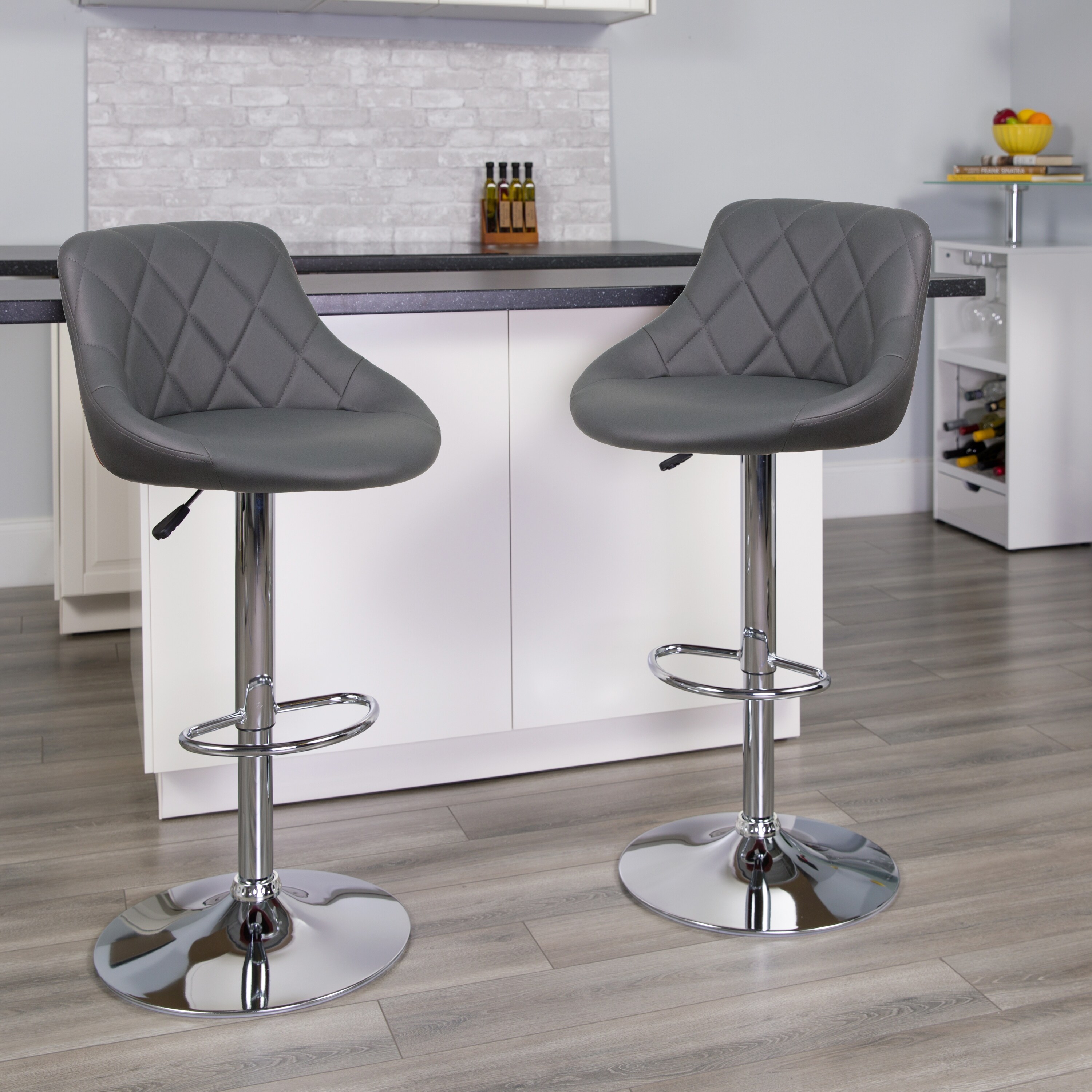 2 Pack Vinyl Bucket Seat Adjustable Height Barstool with Diamond Pattern Back - 18.5