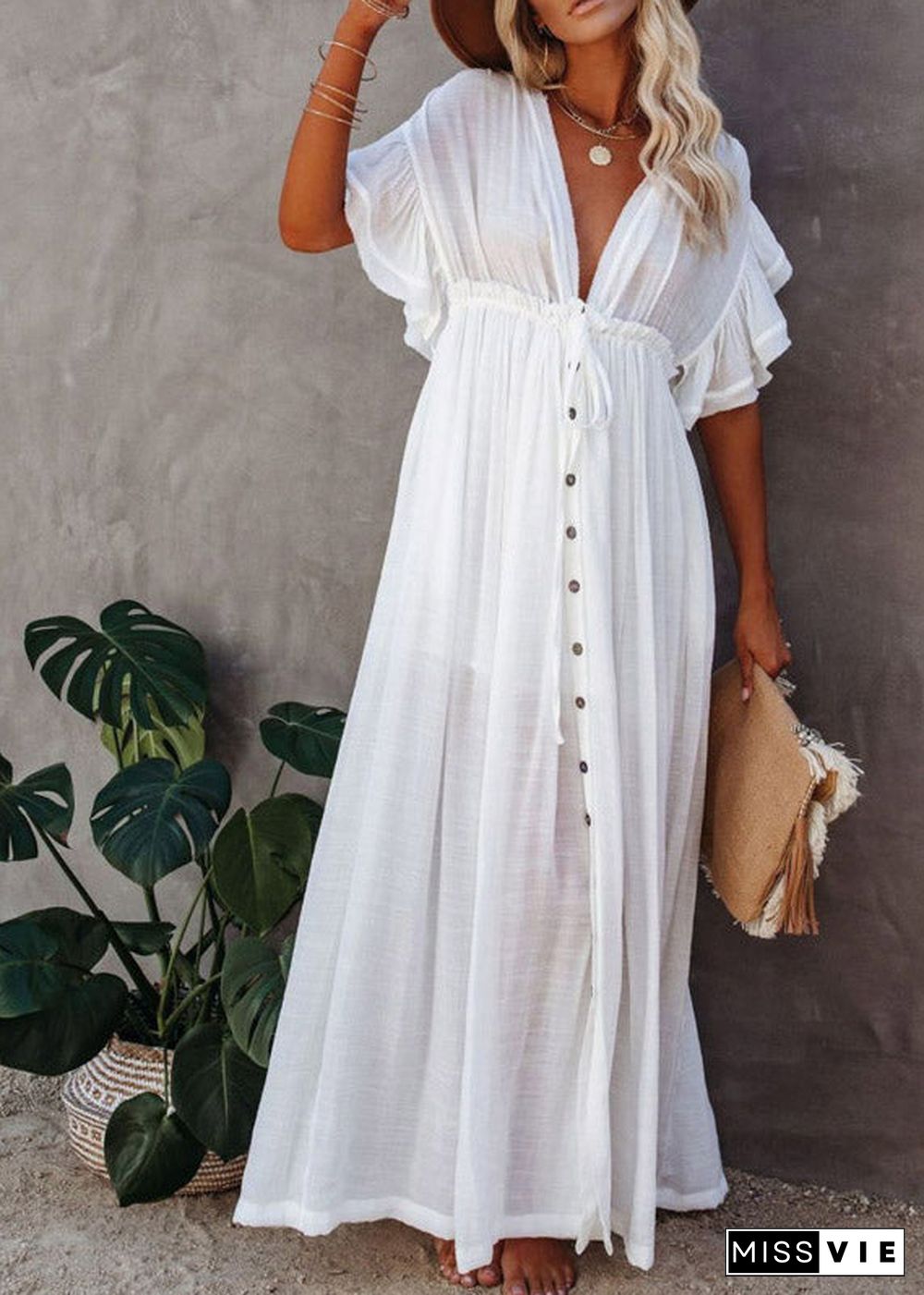 Casual White Pleated Drawstring Party Long Dresses Summer