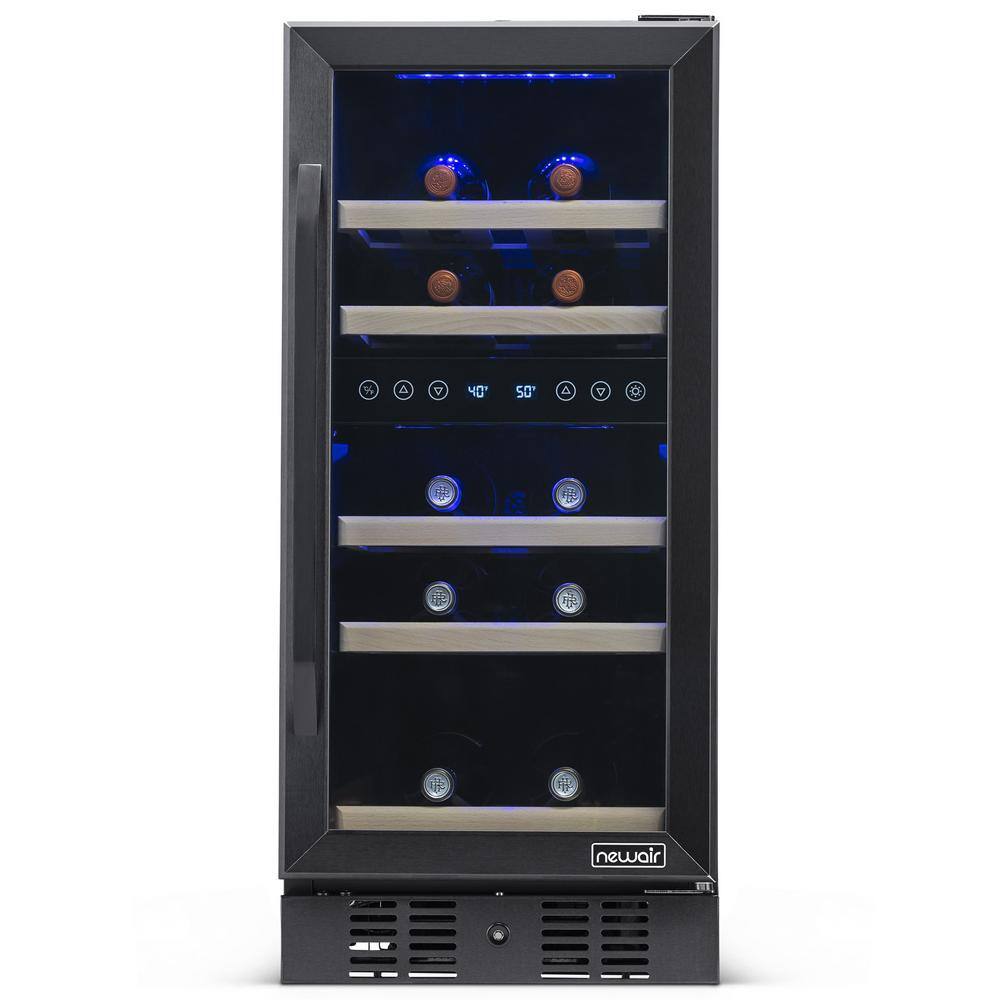 NewAir Dual Zone 15 in. 29-Bottle Built-In Wine Cooler Fridge with Quiet Operation and Beech Wood Shelve Black Stainless Steel NWC029BS00