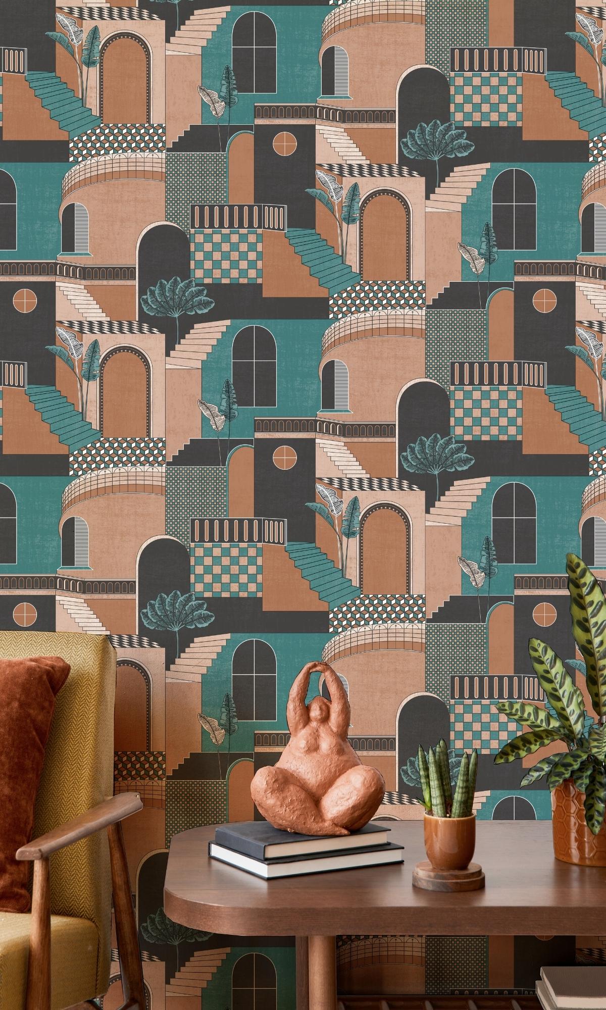 Mediterranean Style Building Orange & Teal Contemporary Wallpaper