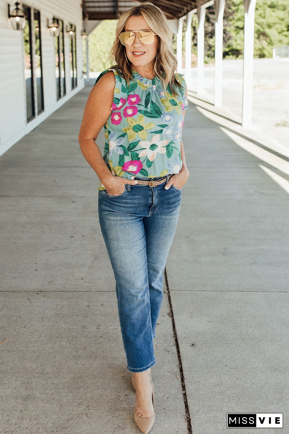 Green Floral Print Ruffle Trim Tank Top