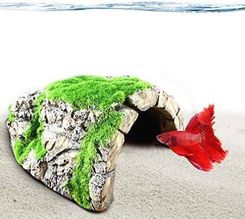 SunGrow Hide and Climbing Resin Rock Cave with Artificial Moss Betta Fish Aquarium Decor