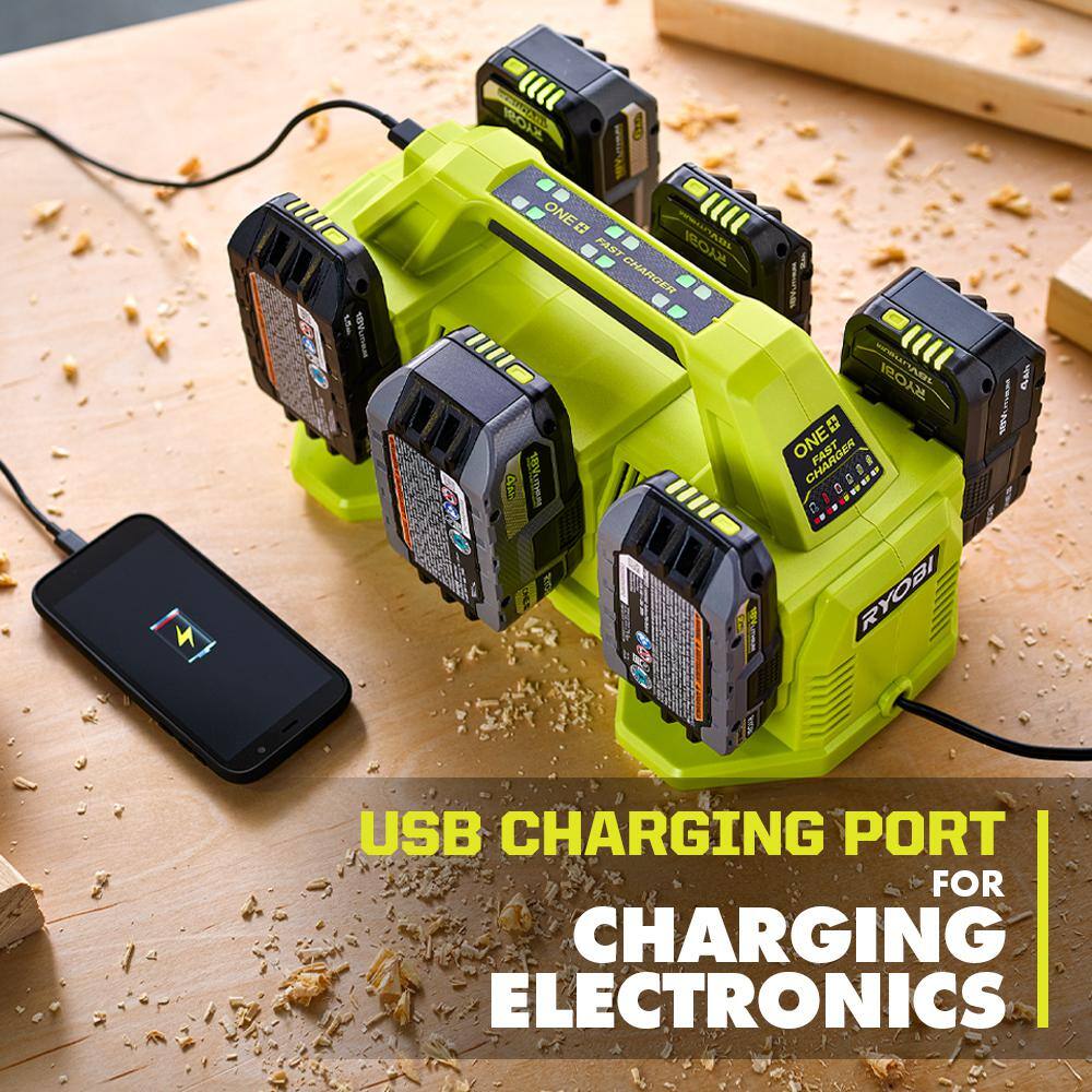 RYOBI ONE+ 18V Lithium-Ion 2.0 Ah Compact Battery (2-Pack) with 6-Port Charger PBP2006-PCG006