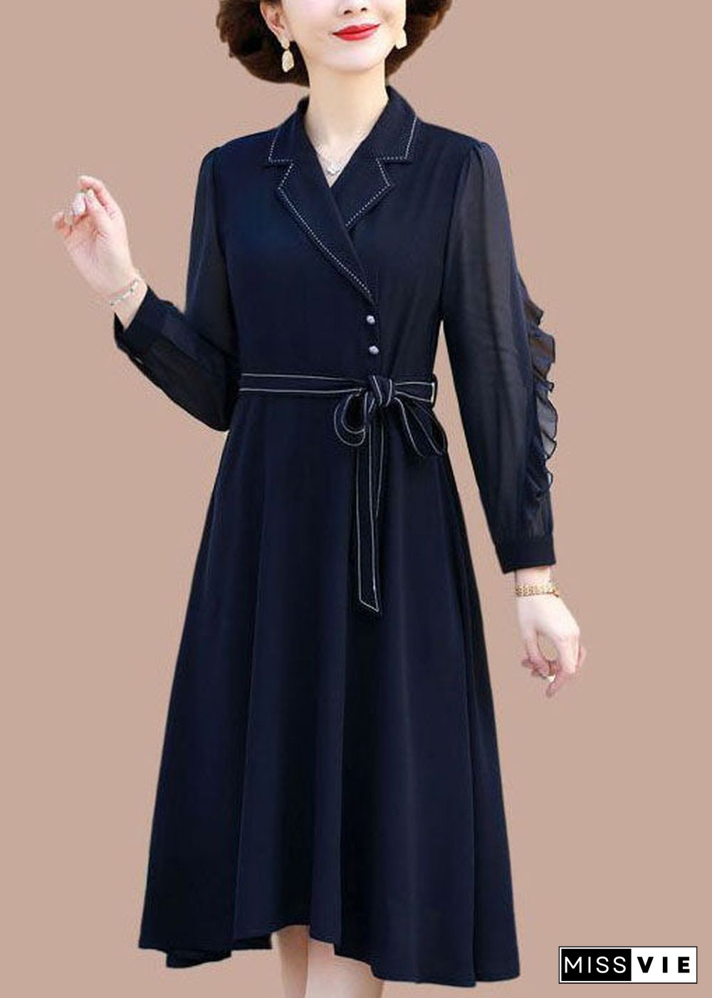 Fitted Navy Peter Pan Collar Patchwork Ruffles Chiffon Cinch Dresses Long Sleeve