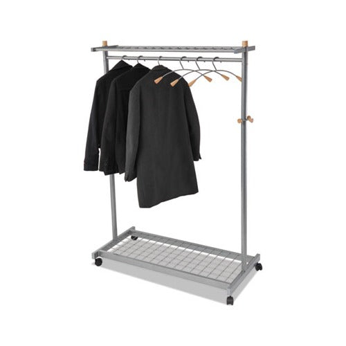 Garment Racks Two-Sided， 2-Shelf Coat Rack， 6 Hanger/6 Hook， 44.8w x 21.67d x 70.8h， Silver Steel/Wood