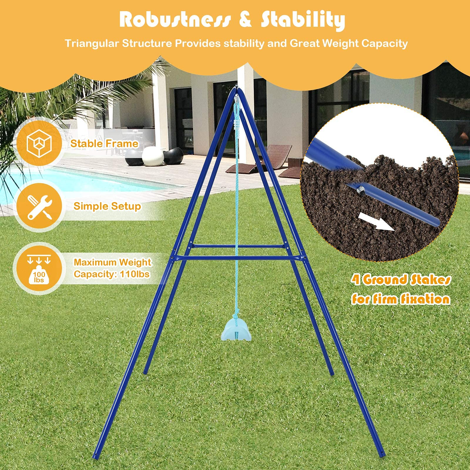 Costzon Swing Frame Stand with Swing Seat, A-Frame Swing Sets for Backyard All Weather w/Ground Stakes