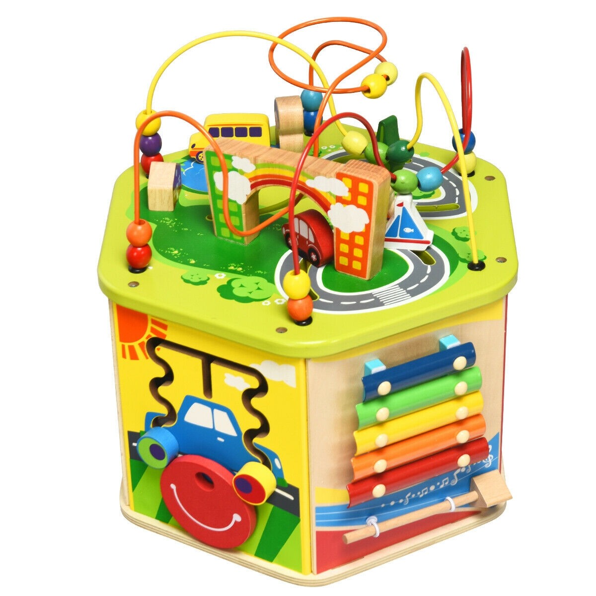 Costzon Wooden Activity Play Cube, 7 Sided Activity Center w/ Rotating Base, Bead Mazes