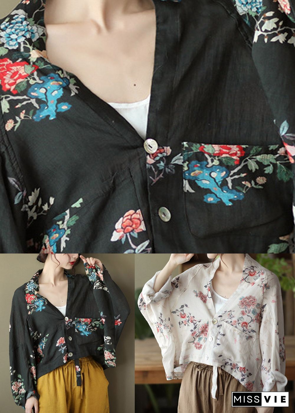 Handmade White V Neck Print Button Linen Shirt Batwing Sleeve