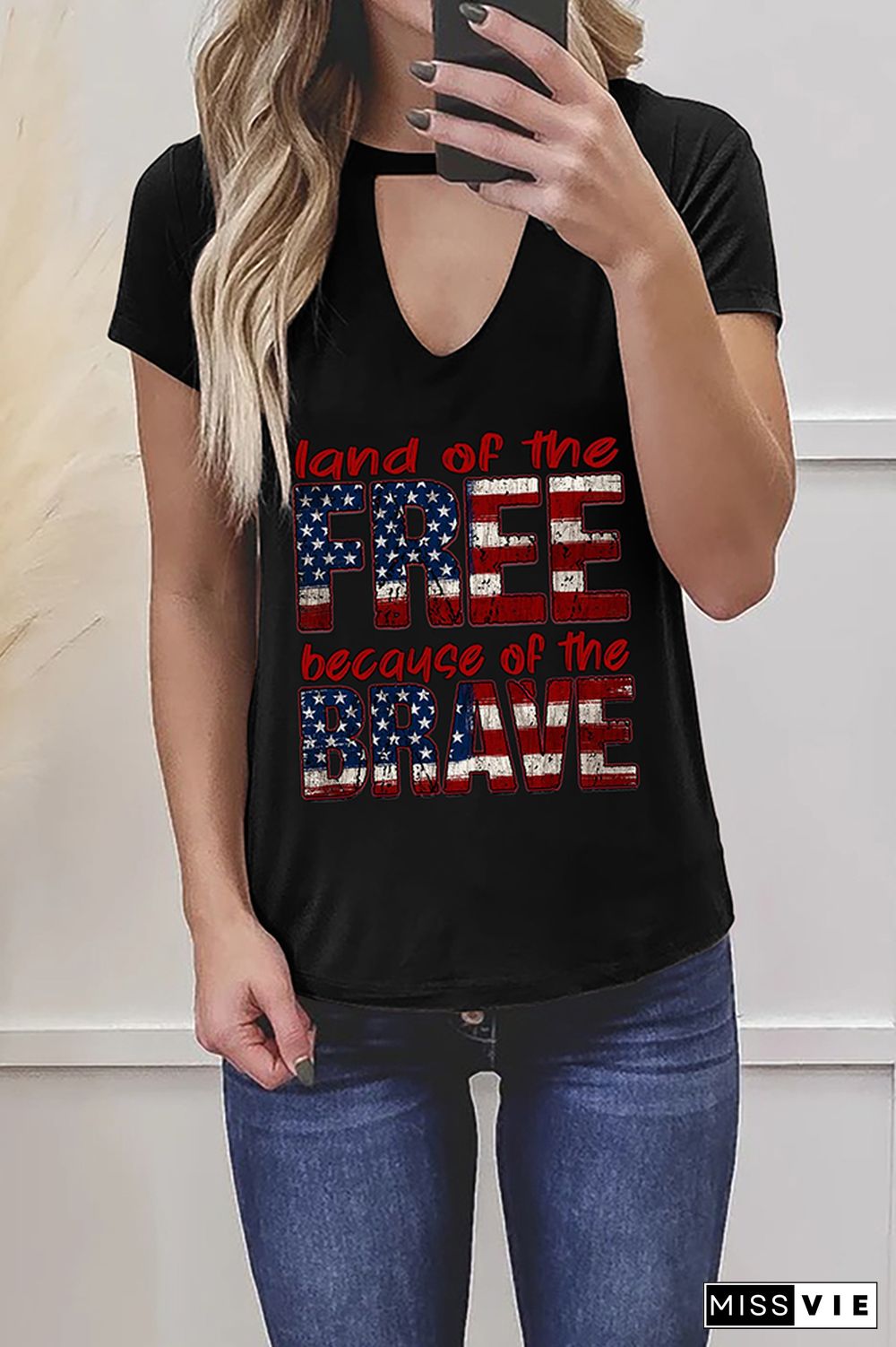 Land of the free because of the brave Graphic Tees for Women Wholesale Short Sleeve T shirts Top