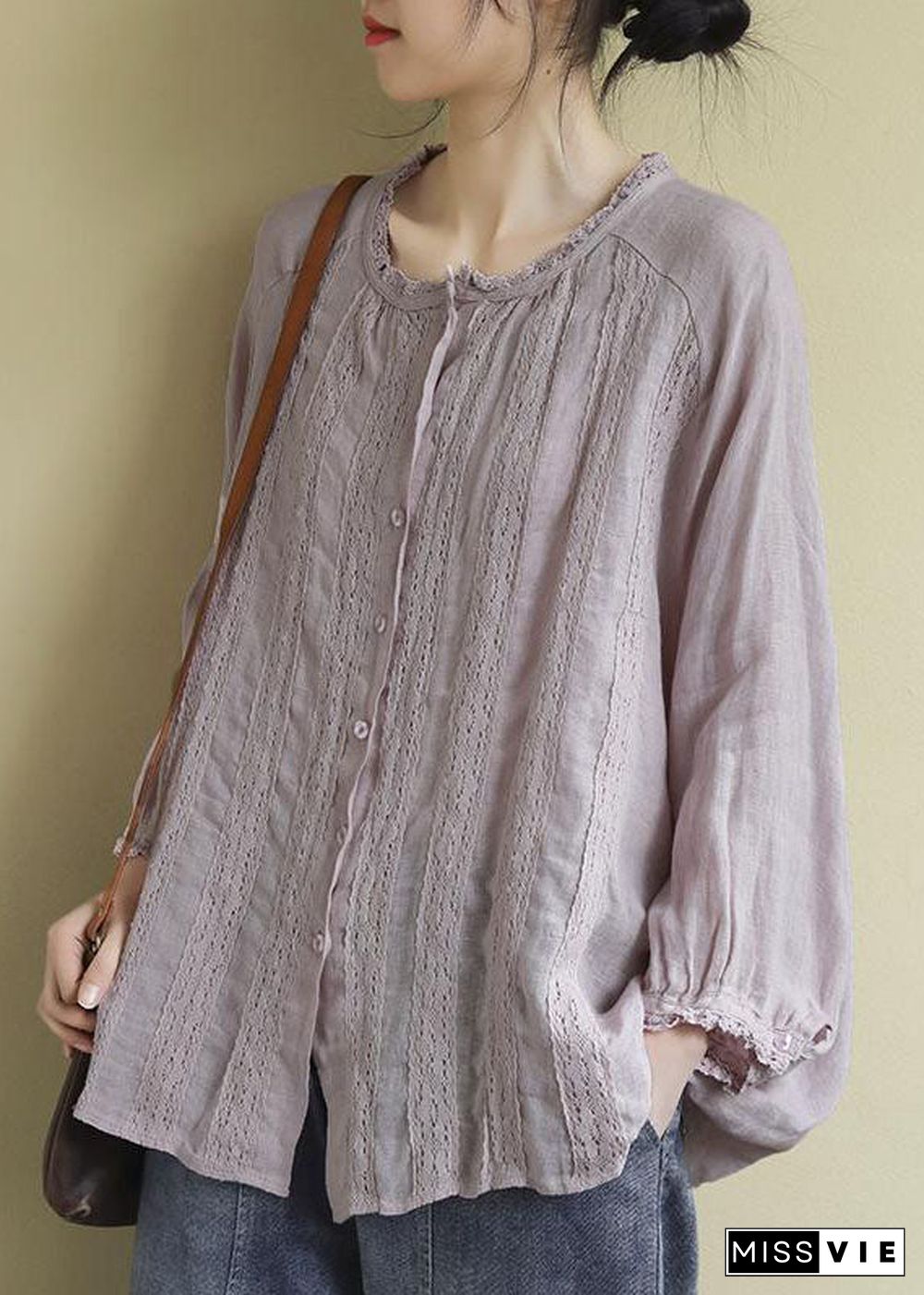 Pink Linen Shirt Tops Ruffled Long Sleeve