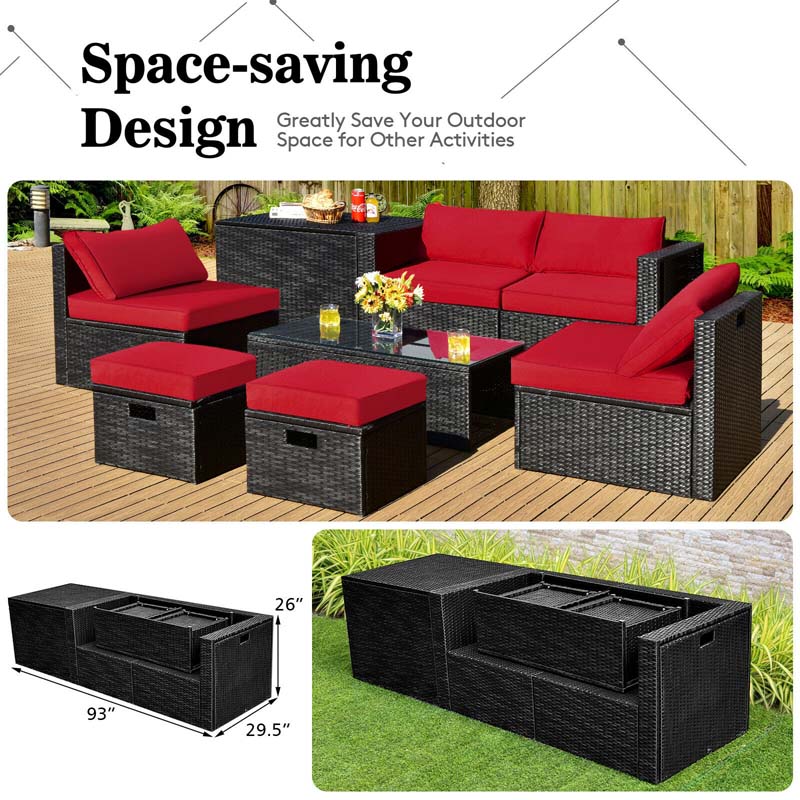 8 Pcs Rattan Wicker Outdoor Patio Furniture Sectional Sofa Set with Storage Box & Waterproof Cover