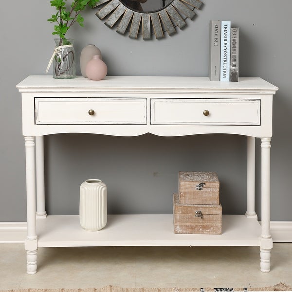 Distressed White Wood 2-Drawer 1-Shelf Console and Entry Table