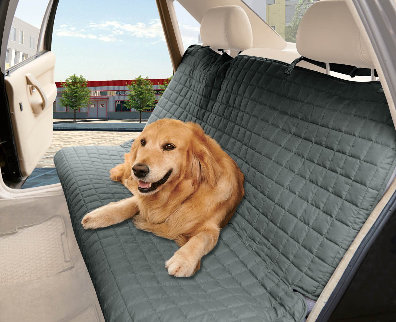 Celinen Quilted Design %100 Waterproof  Bench Car Seat Protector Cover (Entire Rear Seat)  for Pets - TIES TO STOP SLIPPING OFF THE BENCH ， Gray