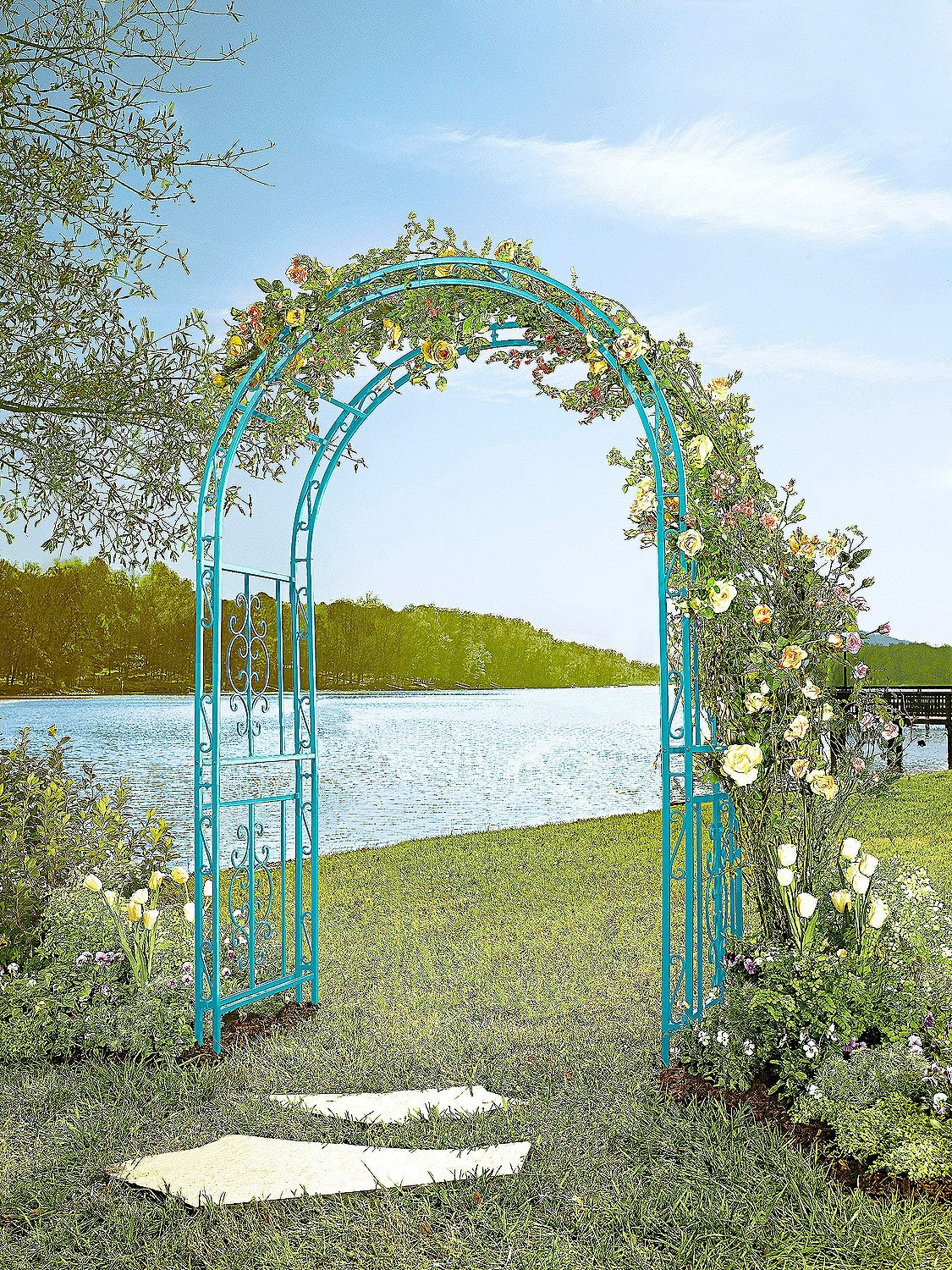 Evergreen Montebello Iron Garden Arbor, Coastal Blue- 53 x 84 x 23 Inches Fade and Weather Resistant Outdoor Decor