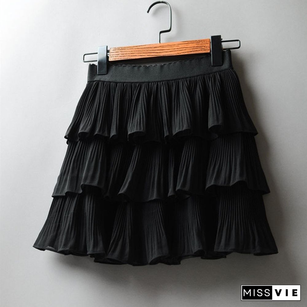 Summer Women Elasticity Waist Mini Skirt Ladies Chiffon Skirt Ladies Casual Cake Skirts Pleated Skirts-G140