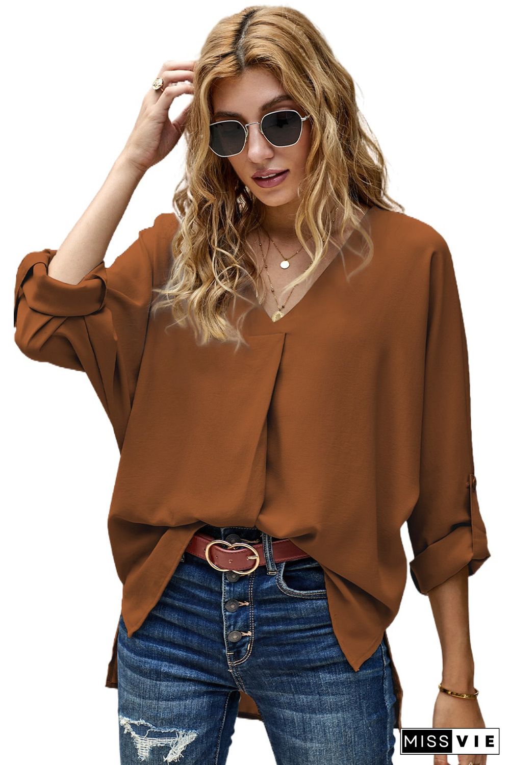 Brown V Neck 3/4 Sleeve High Low Hem Shirt