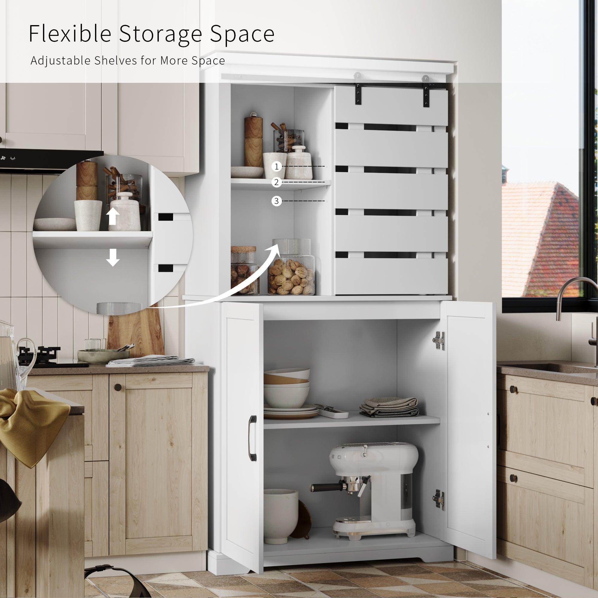 Tall Kitchen Pantry Cabinet Storage Cabinet With Sliding Door And Adjustable Shelves