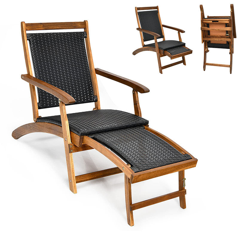 Acacia Wood Rattan Folding Outdoor Chaise Lounge Chair with Retractable Footrest, Pool Lounge Chair Patio Sun Lounger